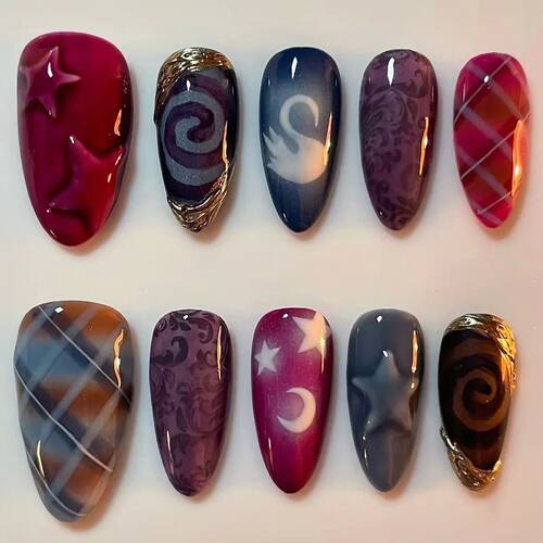 24pcs Y2k AlmondFake Nails Moon Star Style Swan Pattern Swee