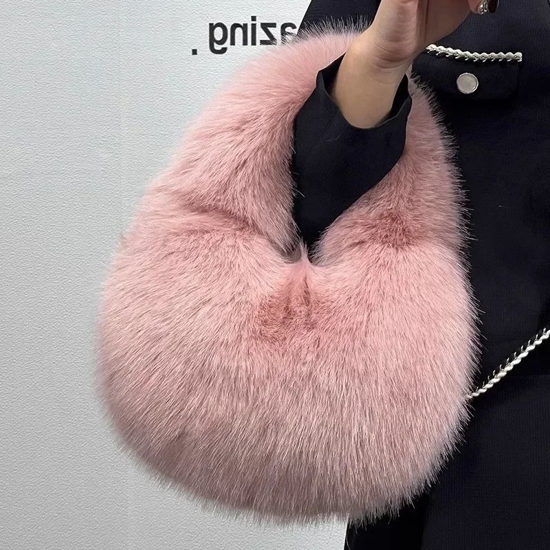 Winter Casual Furry Shoulder Bags for Women Solid Color Soft