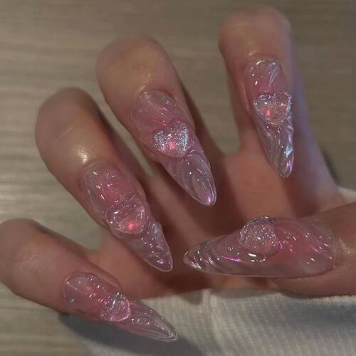 10PCS Medium Almond Shaped Fake Nails With Heart-Shaped Rhin