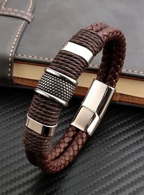 Luxury Vintage Multilayer Brown Leather Stainless Steel  Men