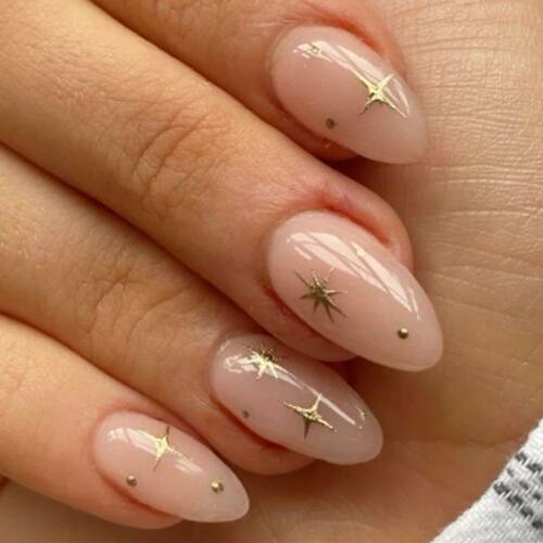 24Pcs Gold Stars Nude Color Almond Nail ArtSimple Wearable F