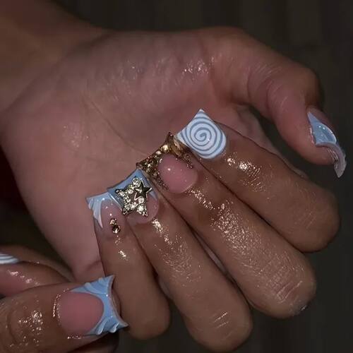 24pcs Short Duckbill False Nails Wearable Blue French Fake N