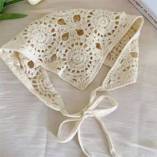 Female Beige Triangle Hair Scarf Bandana Crochet Sheer Mesh