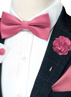 Wedding Bow Tie for Men Solid Pink Pre-tied Bowtie Pocket Sq
