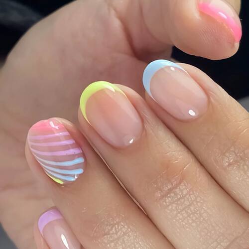 24PCS Colorful French False Nails Diagonal Stripe Design Sho