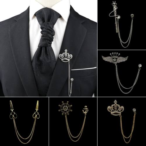 Golden Men Women Tassel Chain Lapel Pin Brooch Wings Crown S
