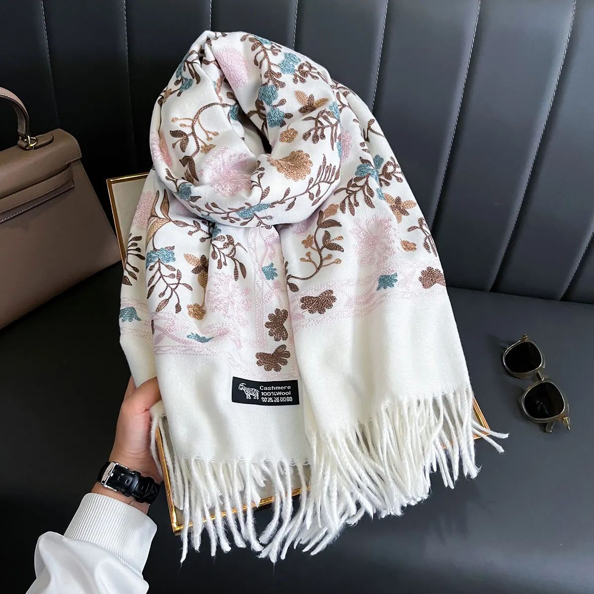 New Winter Warm Cashmere Scarf for Women Embroidery Pashmina