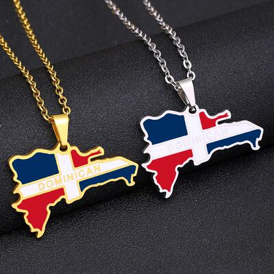 Dominican Map Flag Pendant Necklace Stainless Steel Men Wome