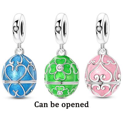 925 Sterling Silver Charms Openable Easter Egg Four-Leaf Clo