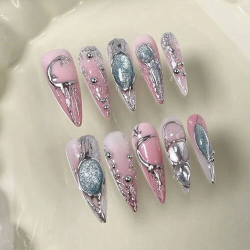 10Pcs Spice Girl Metallic Silver Stripes Handmade Fake Nails