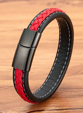 Black & Red Braided Rope Leather Bracelet Men Stainless Stee