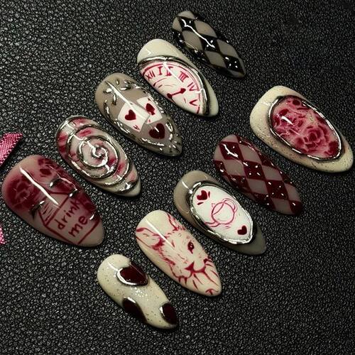 30pcs 3D Dream Rose Press on Nails Heart & Animal Wave Fake