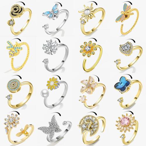 Fidget Spinner Ring Anxiety for Women Multiple Crystal Flowe