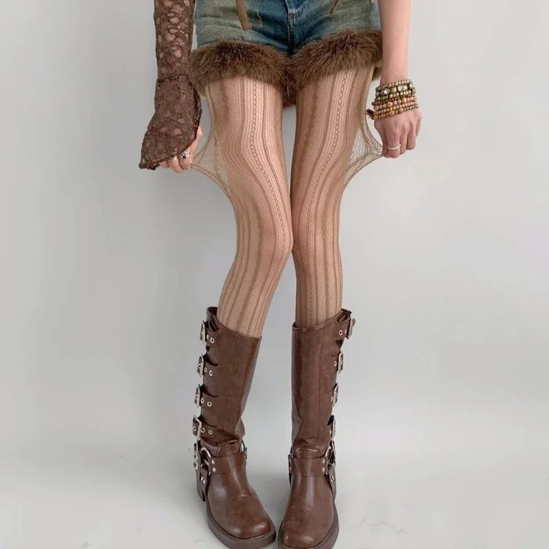 Hollowed Out Lace Tights Geometric Striped Patterned Fishnet