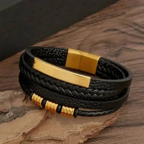 Multi Layers PU Leather Mens Magnut Closure Bracelet Waved L