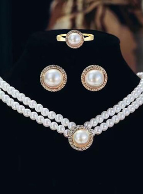 Retro Court Diamond Pearl Necklace Earrings Women's Simple C