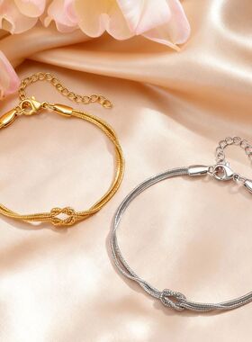 Fashion Love Knot Couple Bracelet Set, Stainless Steel Round