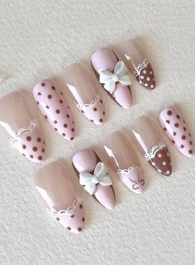 24PCS Sweet Pink French Press on Nails Brown Polka Dots 3D W