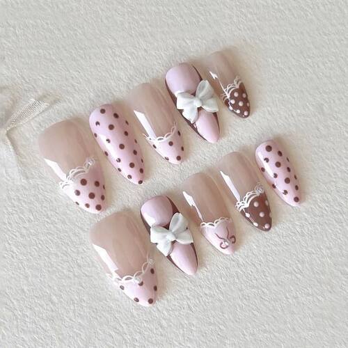 24PCS Sweet Pink French Press on Nails Brown Polka Dots 3D W