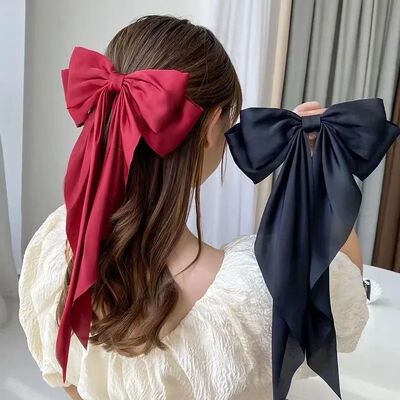 Retro Exaggerate Large Long Tassel Bow Headwear Hair Clip fo
