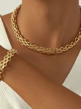 2 PCS Set Gold Color Link Chain Necklace Bracelet Set Punk B