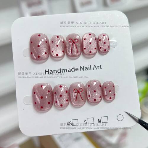 10pcs Ballet Short Nail Tips Set-Glossy Finish Polka Dot & S