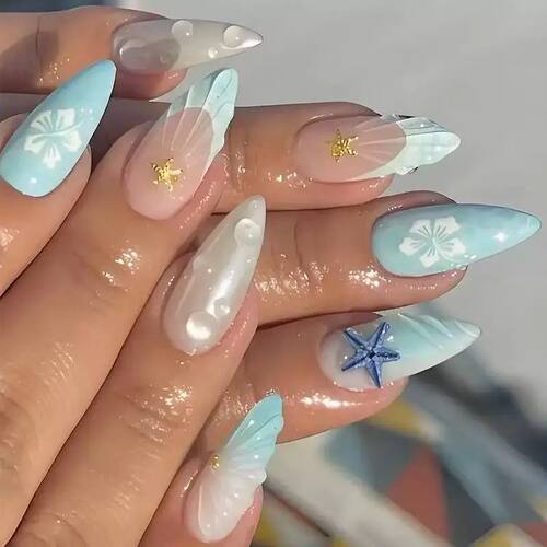 24PCS Pink Almond Press on Nails Full Cover Carved Flower 3D