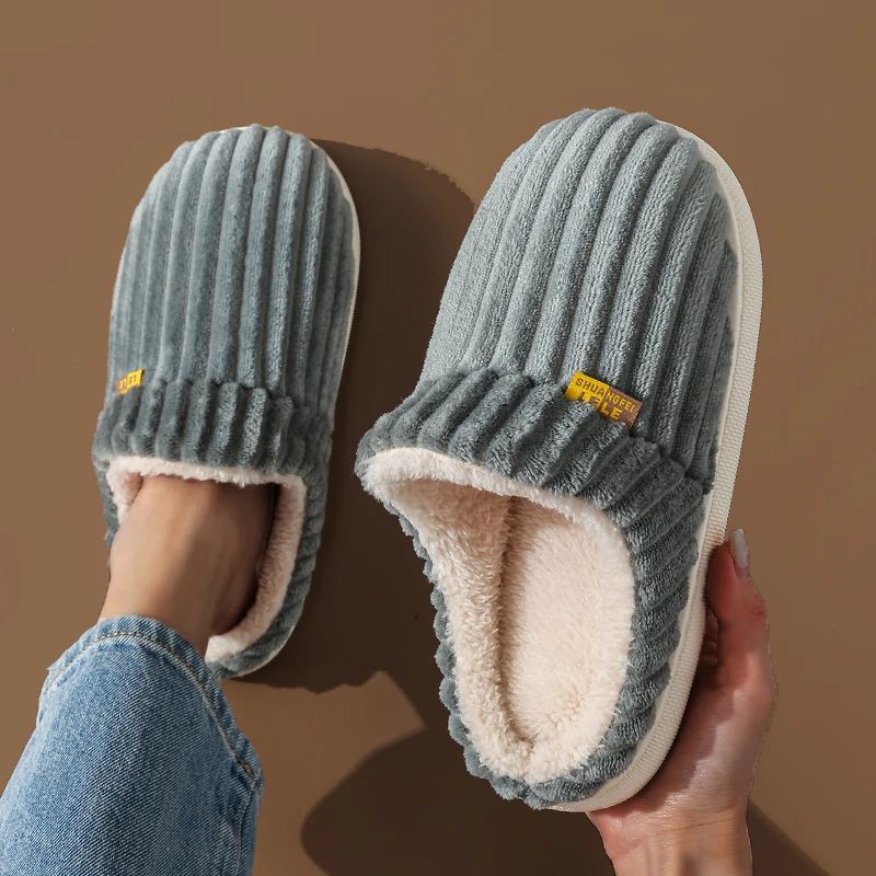 Winter Unisex Concise Solid Color Flat Plush Slippers Non-sl