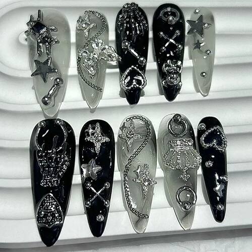 Jirai Spice Girls Handmade Press On NailsBlack White Long Ti