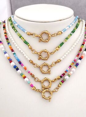 Imitation Pearl Necklace Women Choker Seed Beads Rainbow Sta