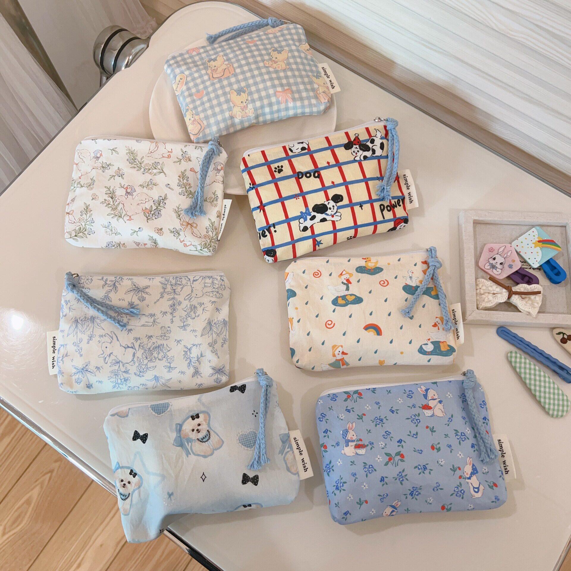 韩系可爱卡通蓝色迷你零钱包卡包小布袋耳机口红收纳包旅行小方包