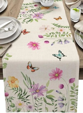 Spring Floral Linen Table Runner Summer Colorful Flower Butt