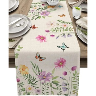 Table Runner Summer Spring Flower Linen Colorful Butt Floral