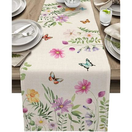 Spring Floral Linen Table Runner Summer Colorful Flower Butt