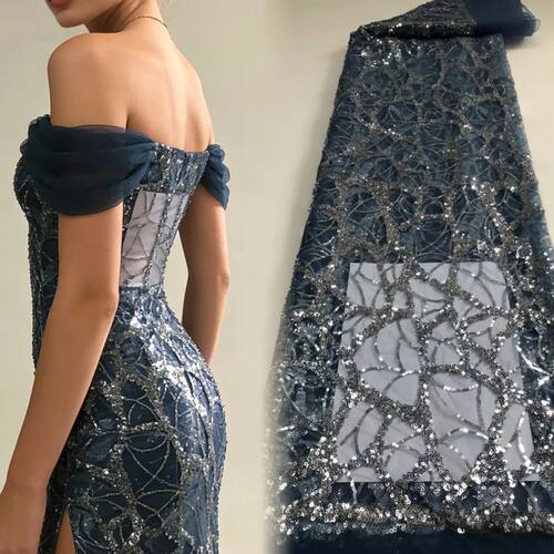 Blue Embroidery Nigeria Sequin Beaded Tulle Lace Fabric 2026