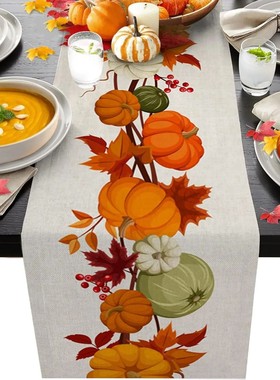 Autumn Maple Leaves Harvest Pumpkin Linen Table Runner Washa