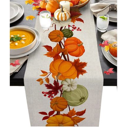 Autumn Maple Leaves Harvest Pumpkin Linen Table Runner Washa