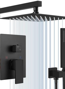 Black Concealed Shower System Rain Waterfall Bathroom Embedd