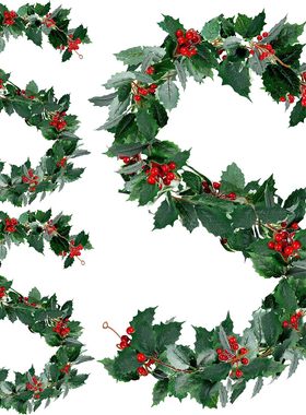 Christmas Wreath with Red Berries Green Leaf Hanging Garland