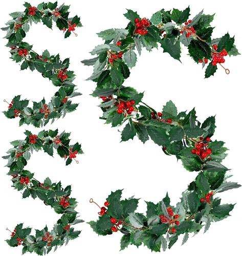 Christmas Wreath with Red Berries Green Leaf Hanging Garland