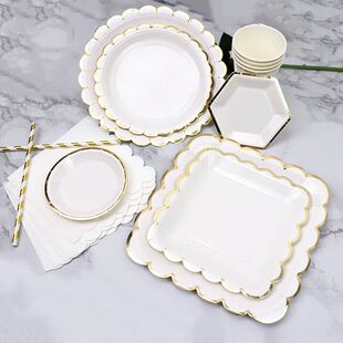 Set Weddin White Tableware Paper Plate Gold Disposable Party