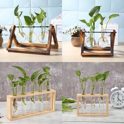 Transparent Glass Vase Wood Frame Iron Art Terrarium Bonsai