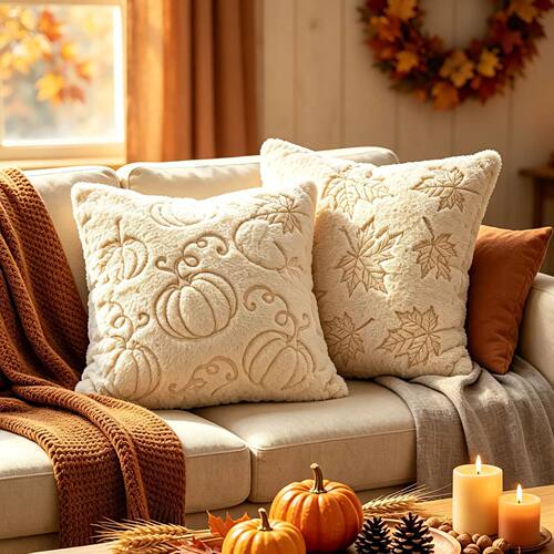 Fall Pumpkin Maple Leaves Fuzzy Throw Pillow Covers Soft Plu