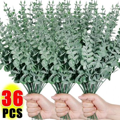 36/10PC Artificial Eucalyptus Leaves Stems Silk Fake Green L