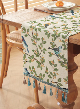 Chinoiserie Blue Flower Linen Table Runner Dresser Scarf Dec