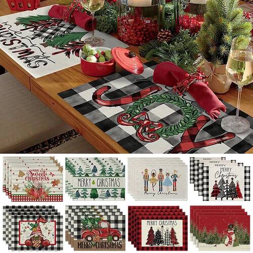 4Pcs Linen Christmas Placemat Xmas Tree Elk Print Dining Tab