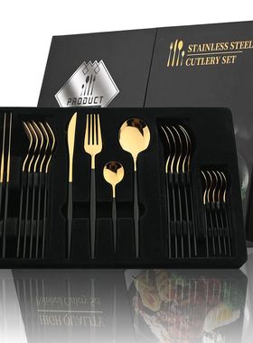 24Pcs Black Handle Golden Cutlery Set Stainless Steel Knife