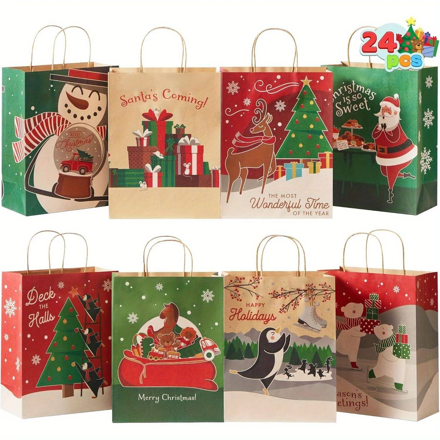 24 Pcs Christmas Kraft Gift Bags with Twine Handles 10'' X 1
