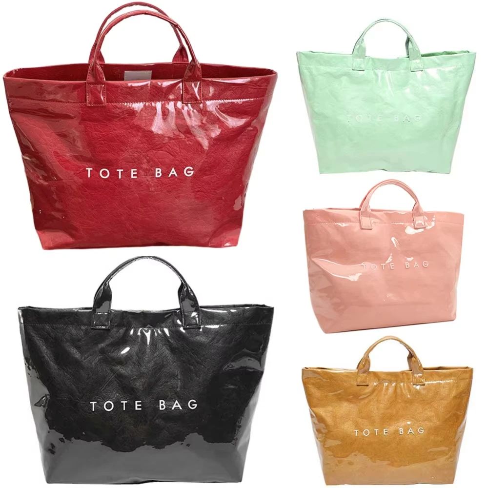 Solid Color Tote Bag,PVC Kraft Paper Large Capacity Hobo Han