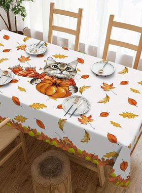 Autumn Pumpkin Maple Leaf Charming Cat Tablecloths Thanksgiv